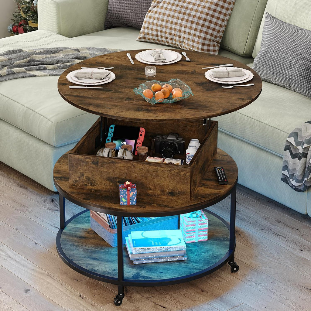 Round Lift Top Coffee Table with 2-Tier Storage and Wheels R2701