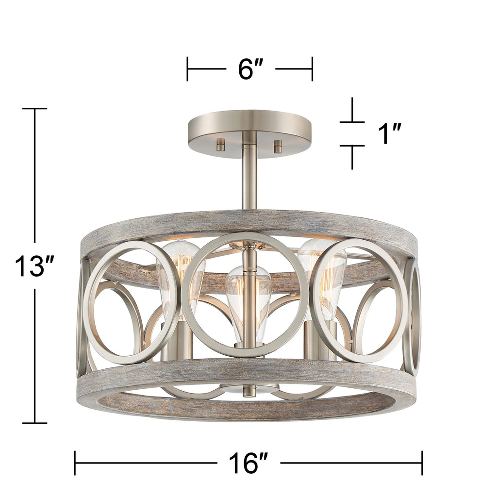 Rustic Farmhouse Semi Flush Mount Ceiling Light 16" Wide 3-Light LED W900