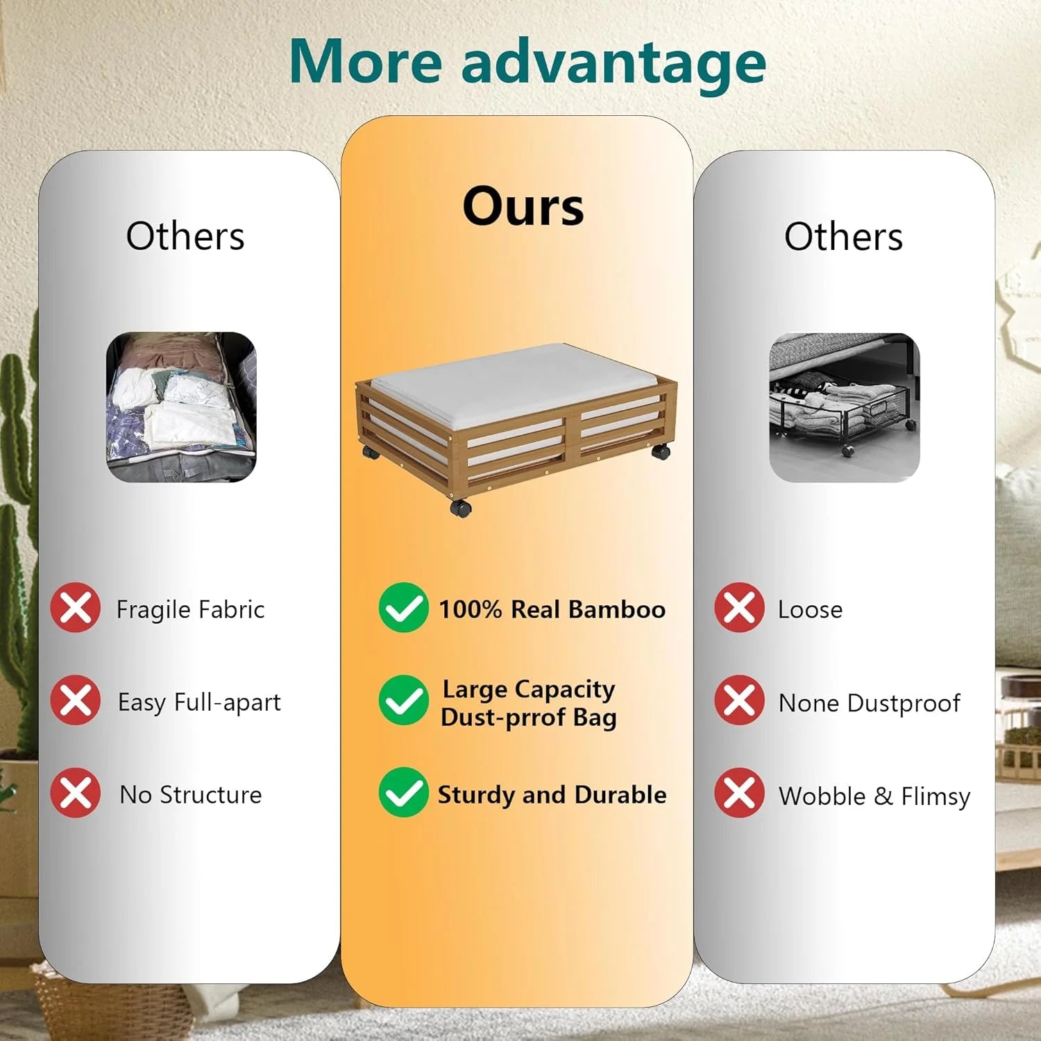 Bamboo Under Bed Storage Containers with Wheels and Dust Bag T7066