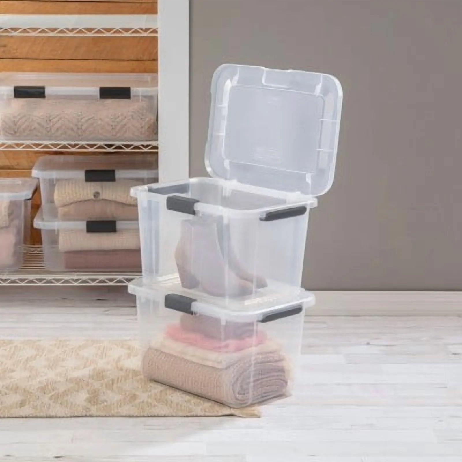 Plastic Storage Tote with Hinged Lid and Handles, Stackable O2837