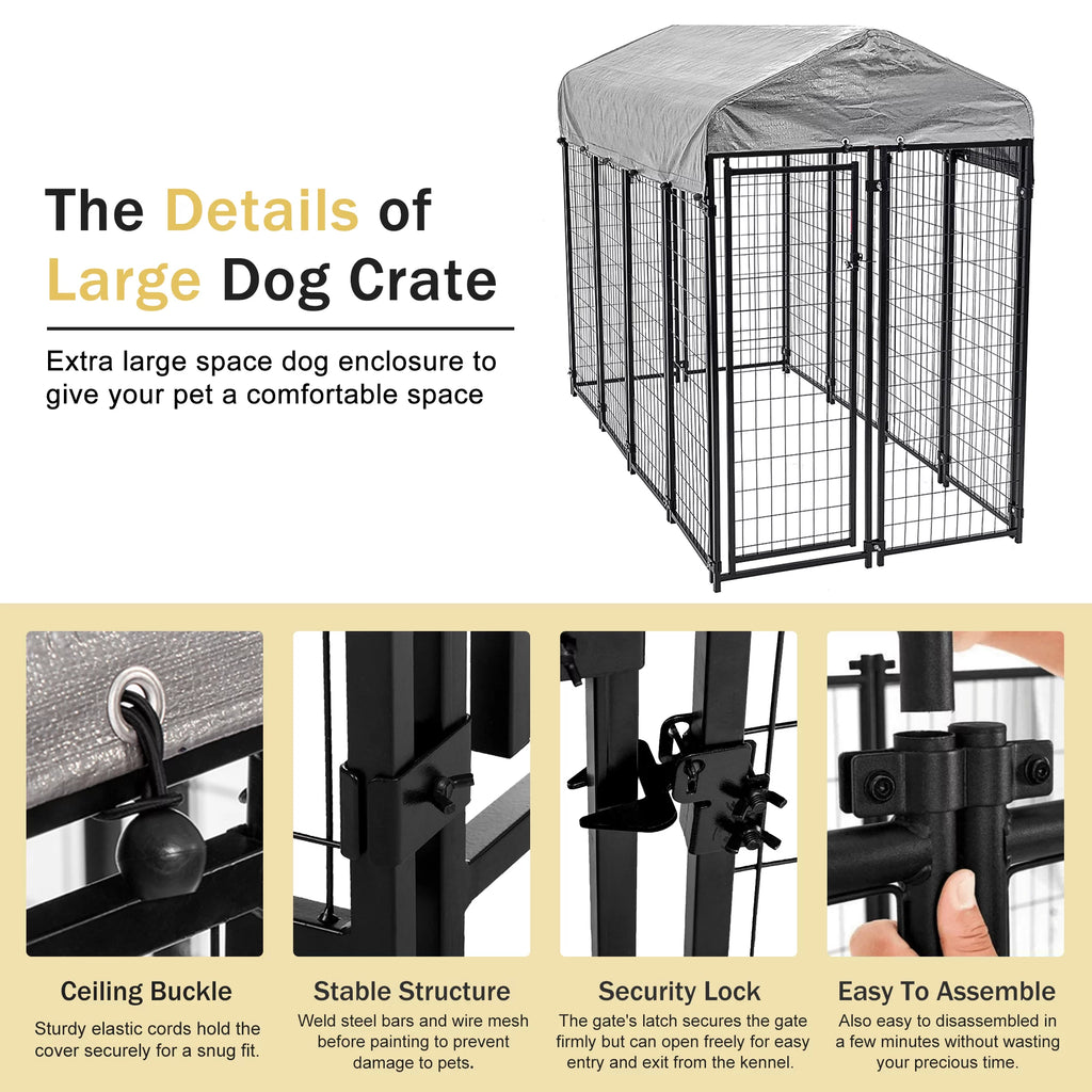 Heavy Duty Outdoor Dog Kennel with Waterproof UV Cover, Large Metal Dog Pen H3740