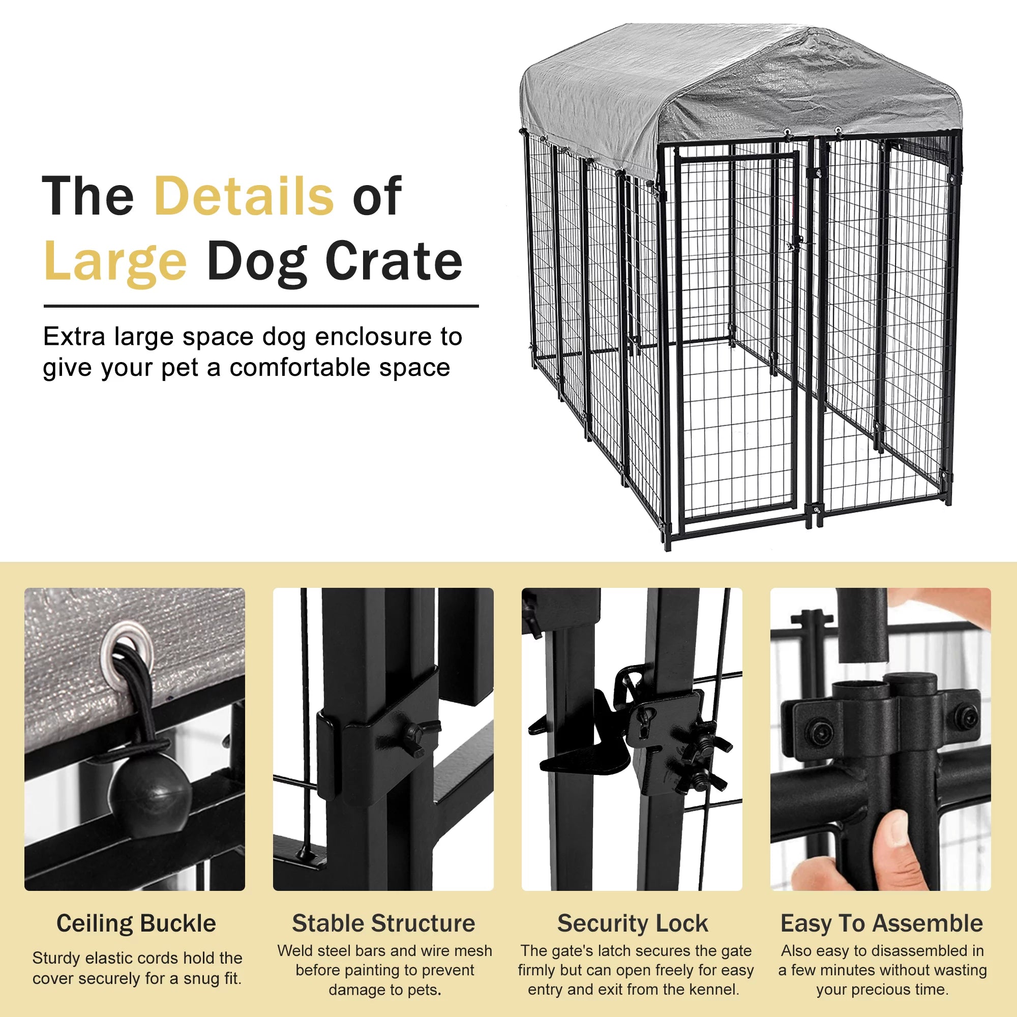 Heavy Duty Outdoor Dog Kennel with Waterproof UV Cover, Large Metal Dog Pen H3740
