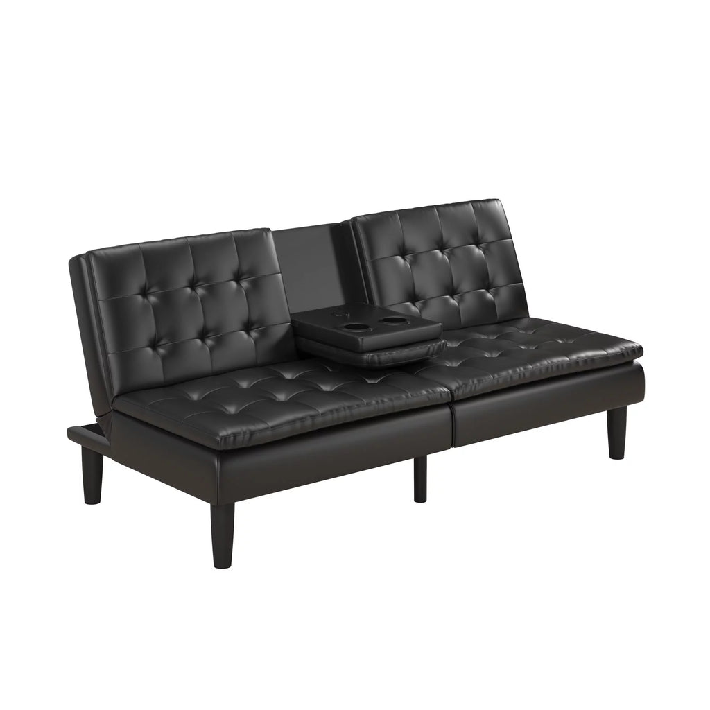 Memory Foam Futon with Cupholder and USB, Black Faux Leather Y2494