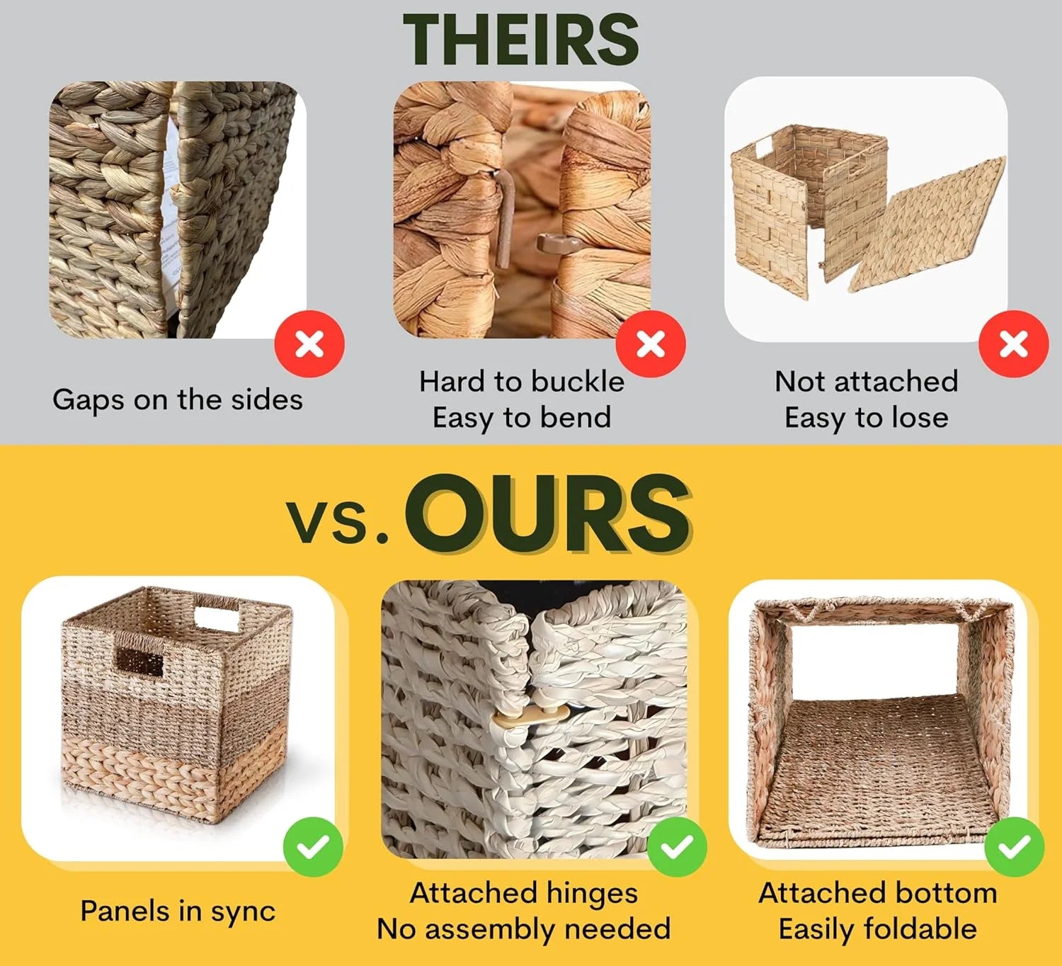 Natural Wicker Storage Cubes, 12x12 Bins, Set of 4 Heavy Duty Hyacinth Baskets for Shelf, Foldable Square Baskets K7706