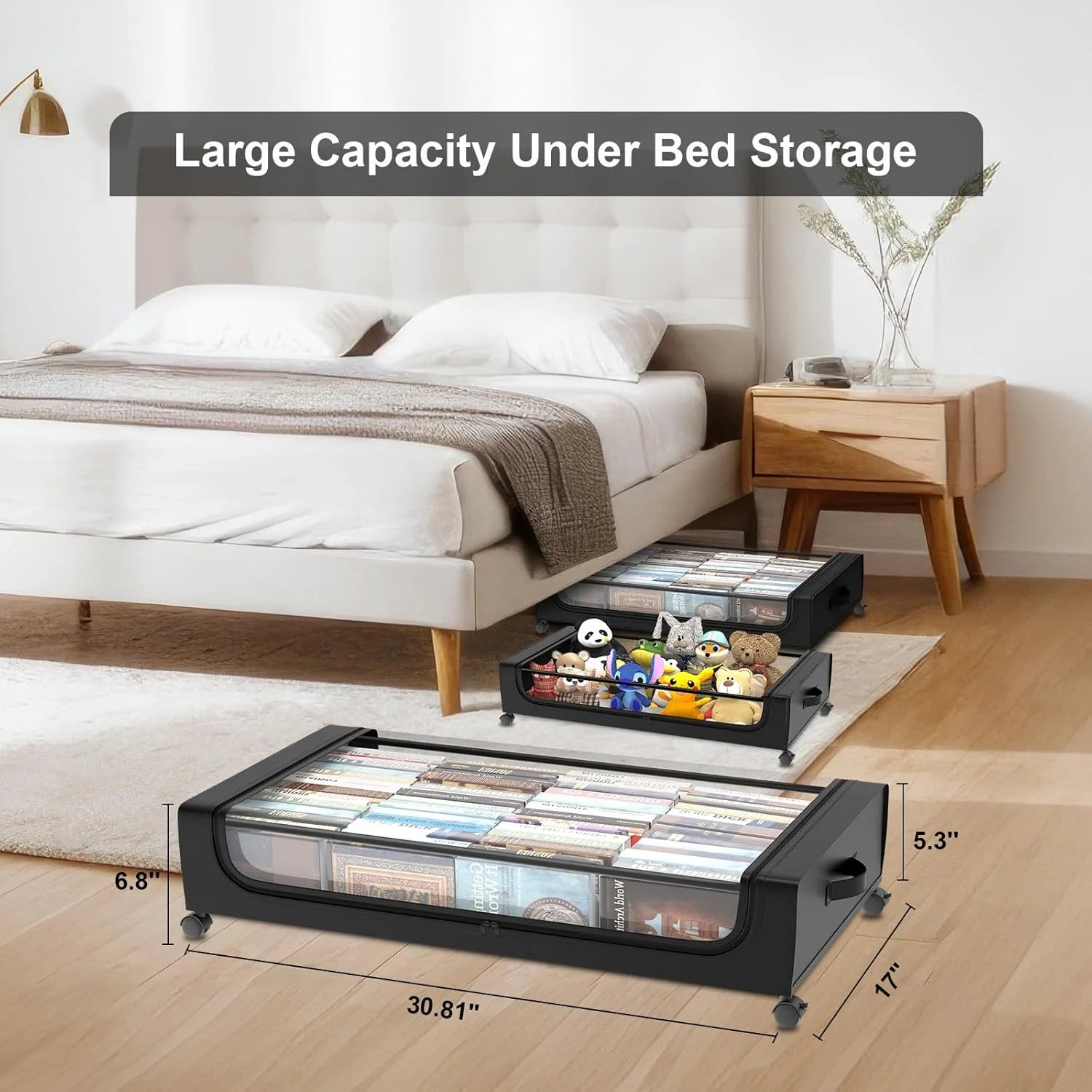 Under Bed Storage with Wheels 2 Pack, Large Rolling Containers with Lid B901