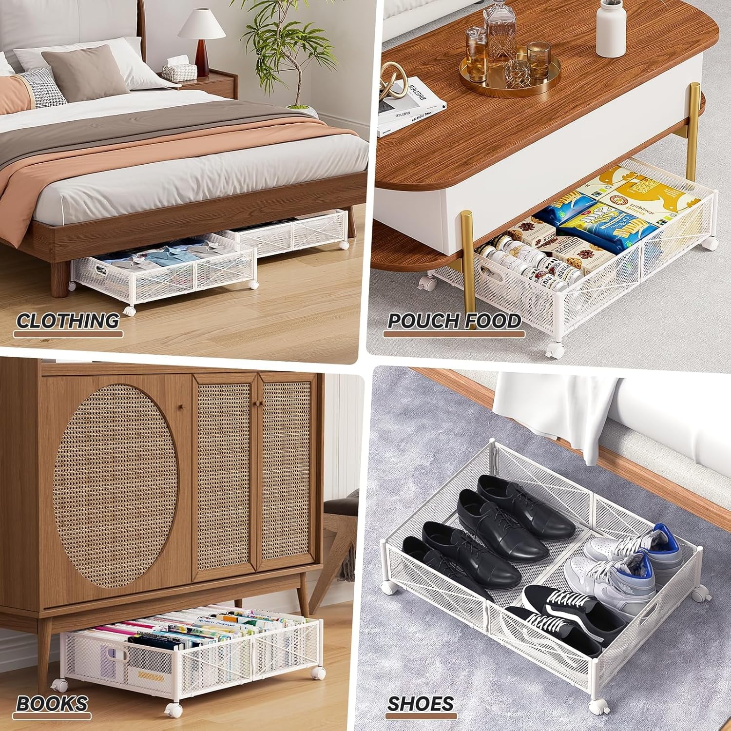 Under Bed Storage Containers with Wheels, Shoe Organizer Drawer, Metal Storage for Clothes Shoes Blankets T8760