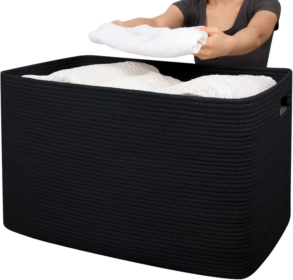 118L XXXLarge Cotton Rope Storage Basket, Oversized Blanket Basket, Used for Organizing Dirty Clothes in Living Room, Bedroom, Nursery, Dog Toy Storage Bins, 25" x 17" x 16",Black