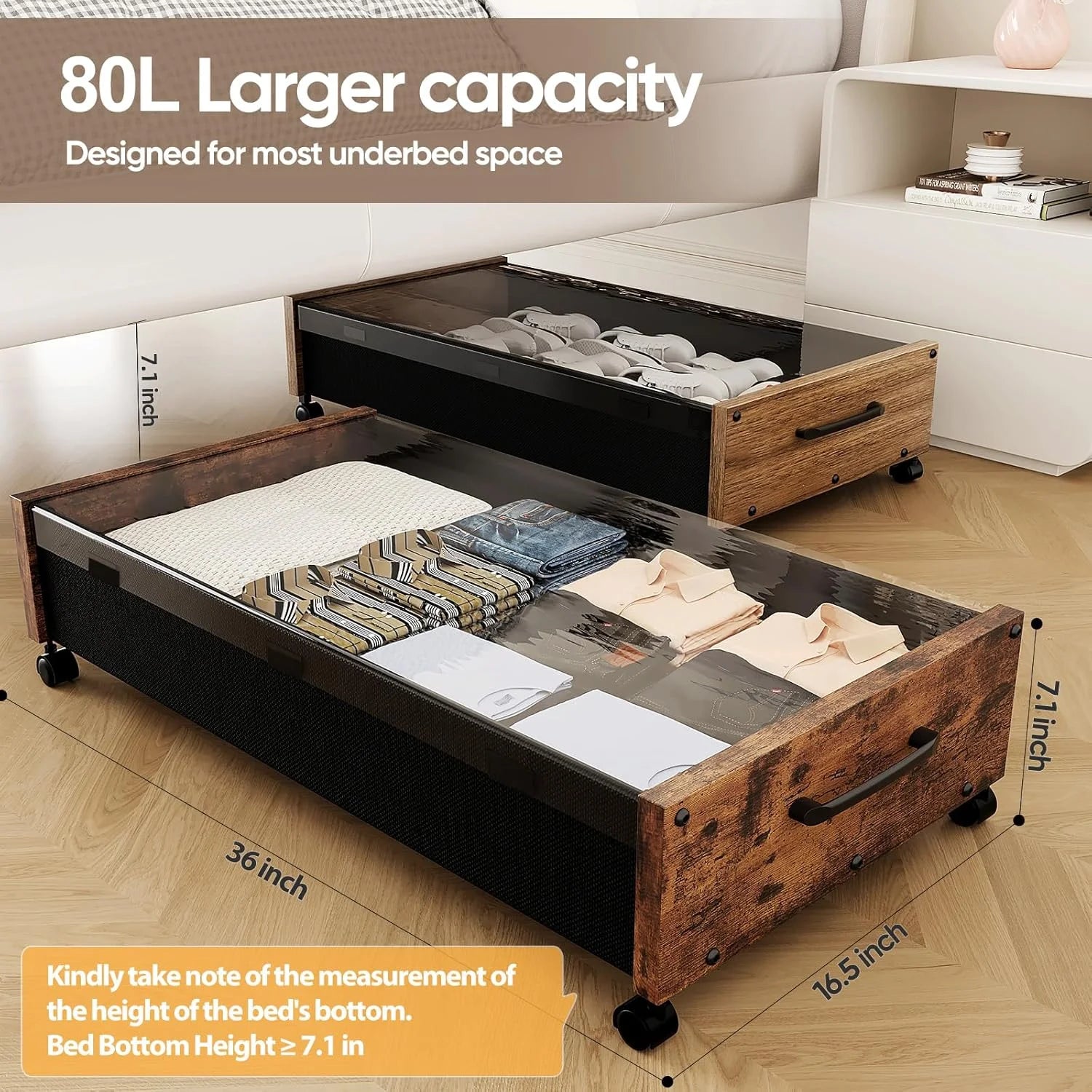 Under Bed Storage Bins with Wheels, 2 Pack, Removable Lid F871