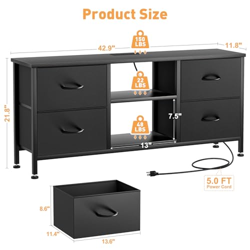 TV Stand with 4 Fabric Drawers and Open Shelves for 50" TV, Black Wood Veins I88170
