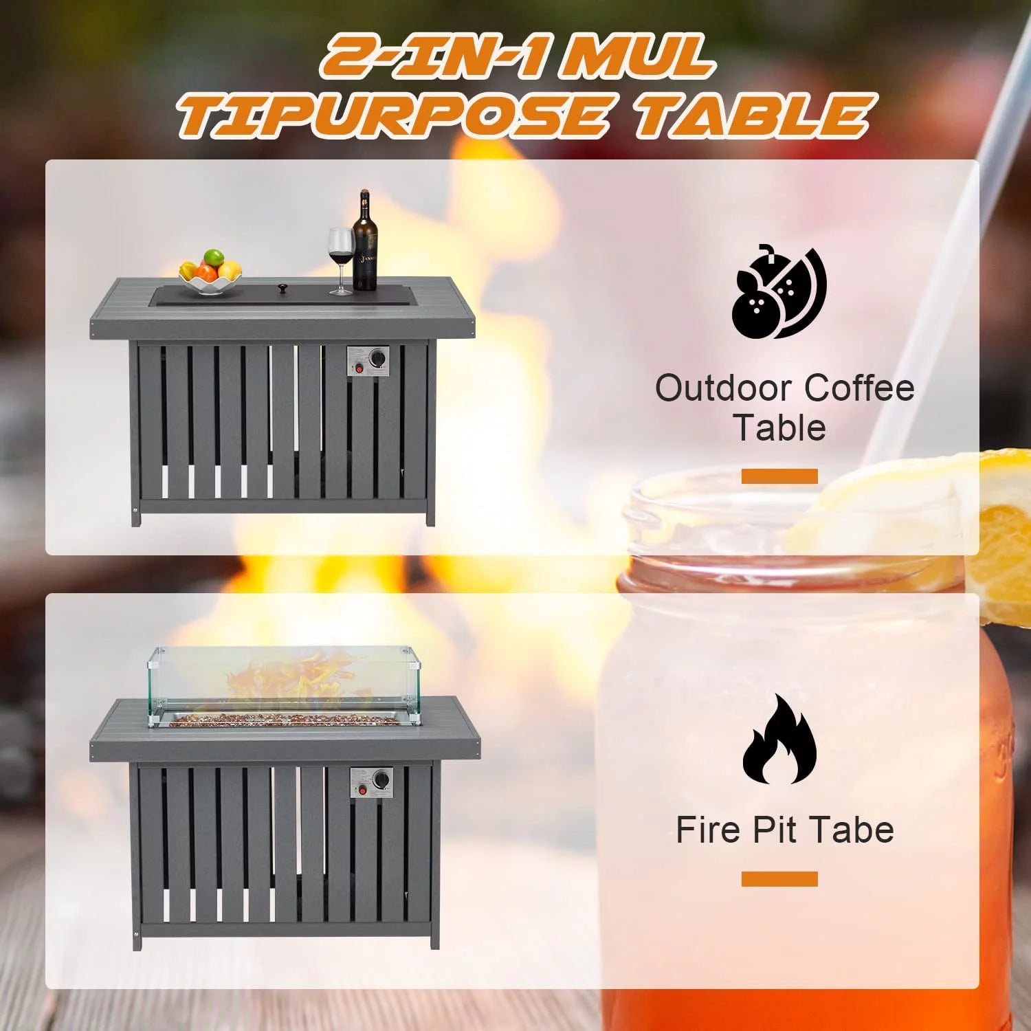43 Inch HDPE Propane Fire Pit Table with Lid and Fire Glass, Gray E1551