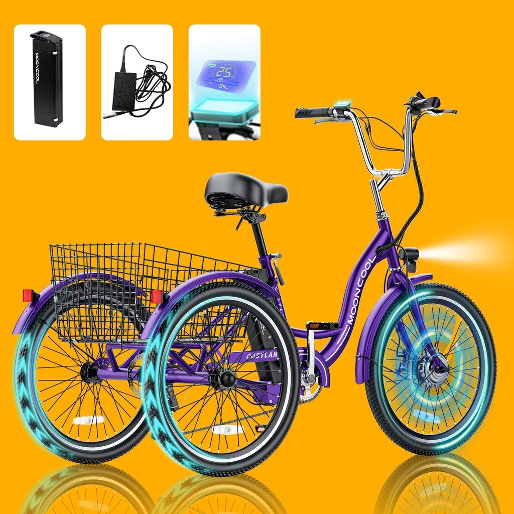 ABORON 350W Electric Trike, 7 Speed 24"/26" 3 Wheel Electric Bicycle with 36V 14.5Ah Lithium Battery UL Certified, Electric Tricycle for Adults with Rear Basket