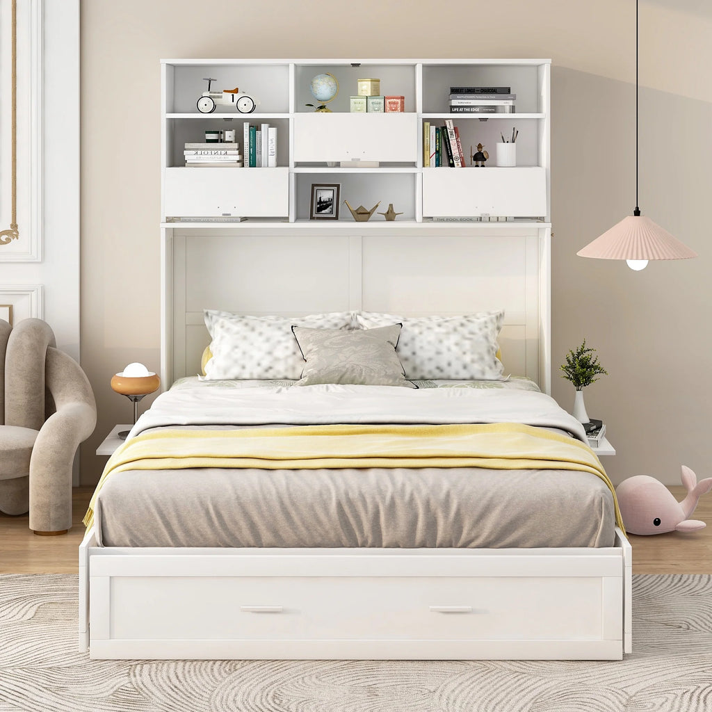 Queen Size Murphy Bed with Bookcase and Drawer, White P7712