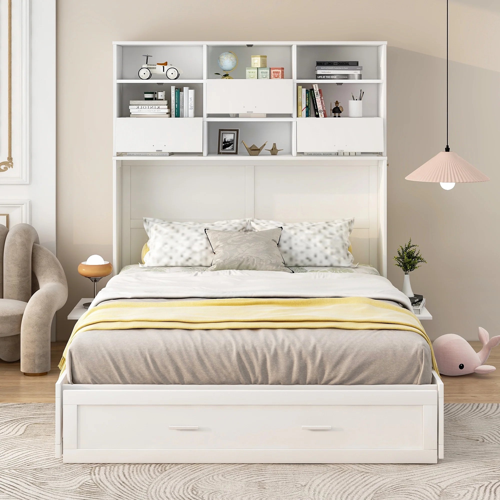 Queen Size Murphy Bed with Bookcase and Drawer, White P7712