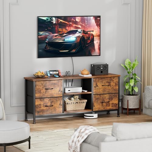 TV Stand with 4 Fabric Drawers and Open Shelves for 50" TV, Black Wood Veins I88170