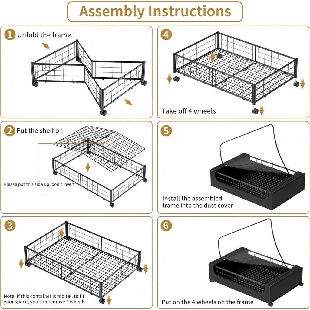 Under Bed Storage with Wheels and Cover, Metal Drawers, Black O642507