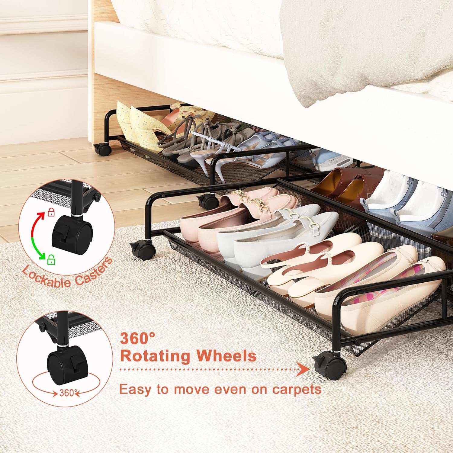 Under Bed Shoe Storage Organizer, 2 Pack Metal Mesh with Wheels Z2544