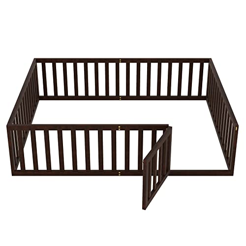 Twin Floor Bed Frame with Safety Fence, Solid Wood J960722