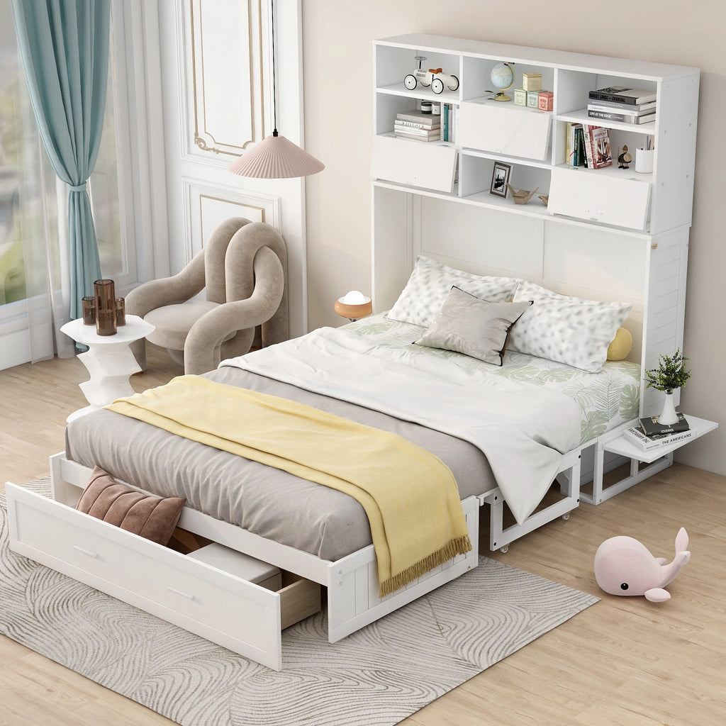 Queen Size Murphy Bed with Bookcase and Drawer, White P7712