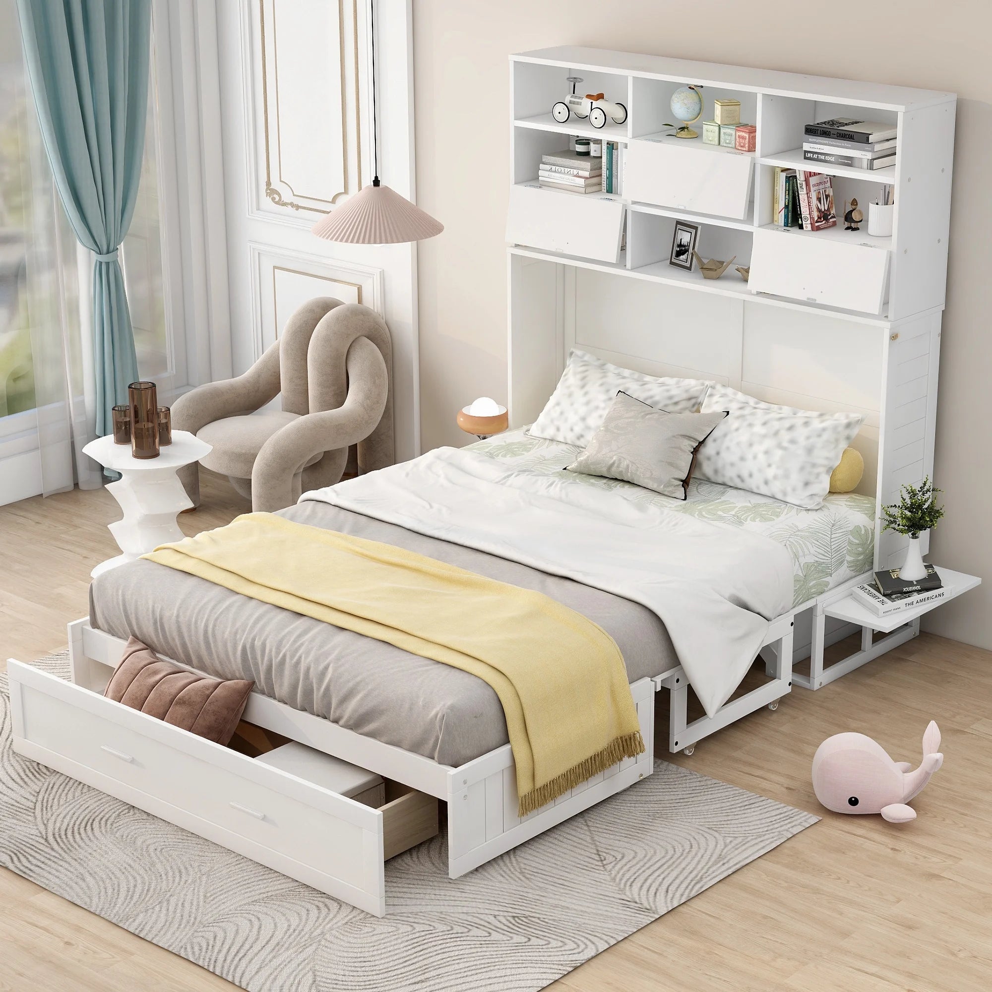 Queen Size Murphy Bed with Bookcase and Drawer, White P7712