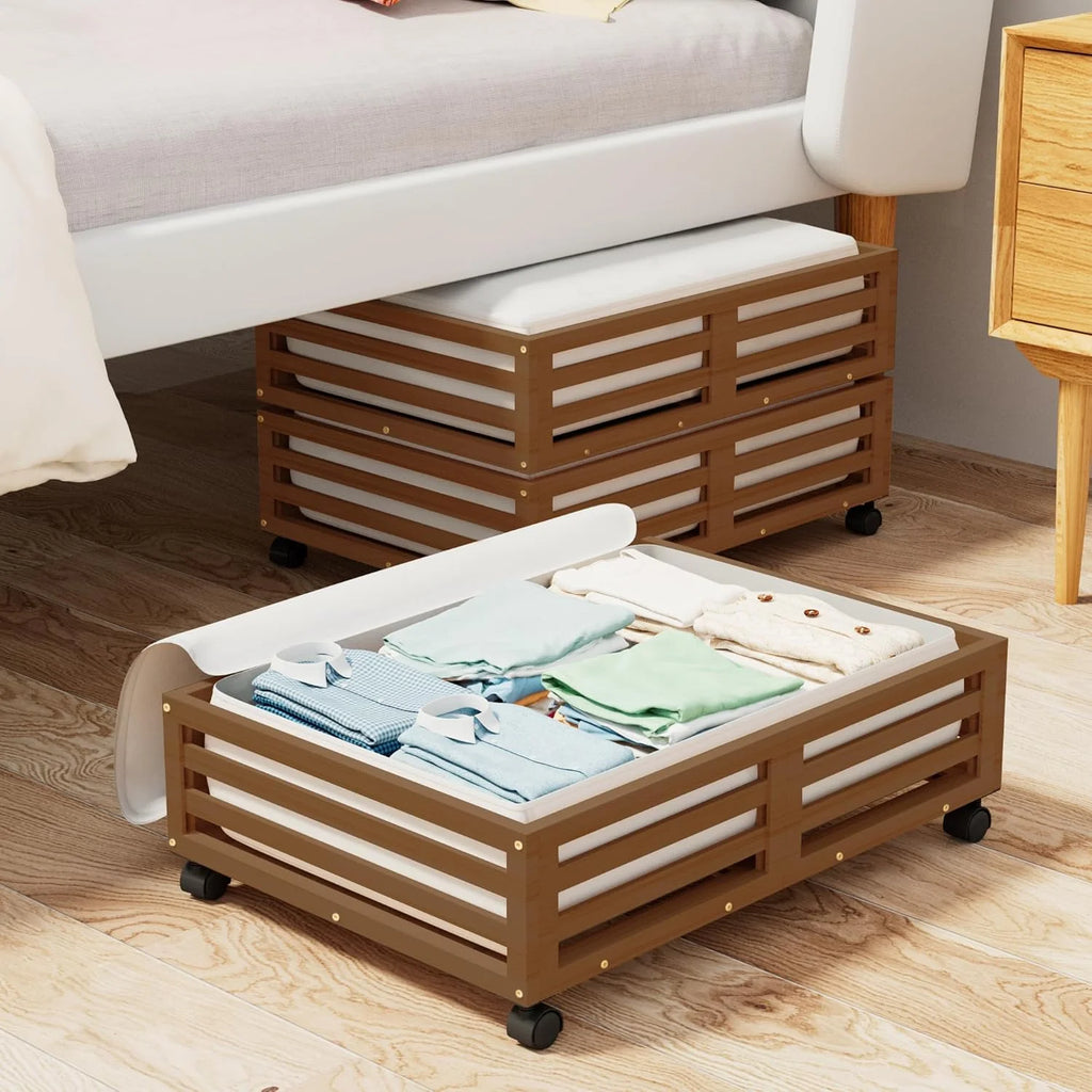 Bamboo Under Bed Storage Containers with Wheels and Dust Bag T7066