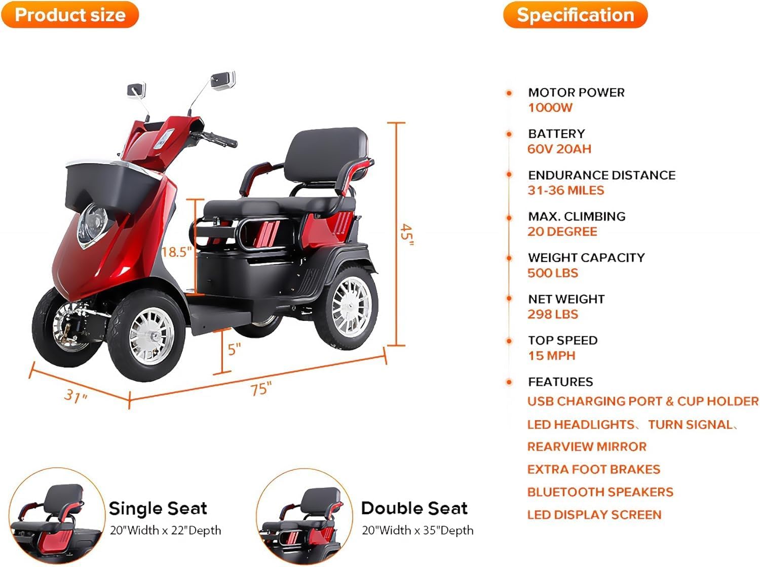 4 Wheel Mobility Scooter for Seniors, 500lbs Capacity, 36-Mile Range R592775