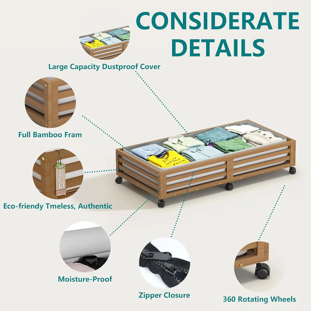 Bamboo Under Bed Storage Containers with Wheels and Dust Bag T7066