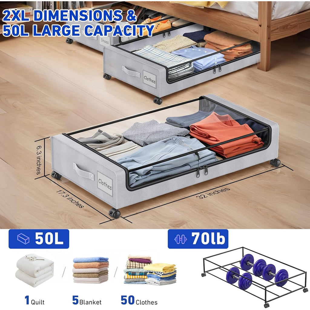 Under Bed Storage Containers with Wheels and Clear Lids, 60L, Gray P9824