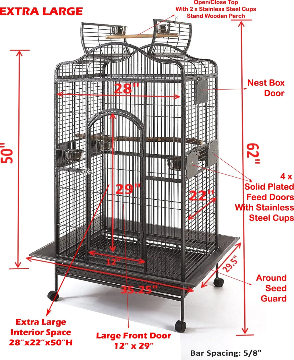 Extra Large Wrought Iron Open Play Top Bird Cage Stand with Rolling Stand H302654