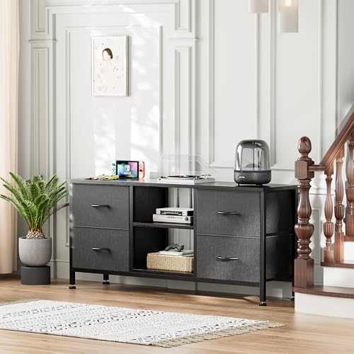 TV Stand with 4 Fabric Drawers and Open Shelves for 50" TV, Black Wood Veins I88170