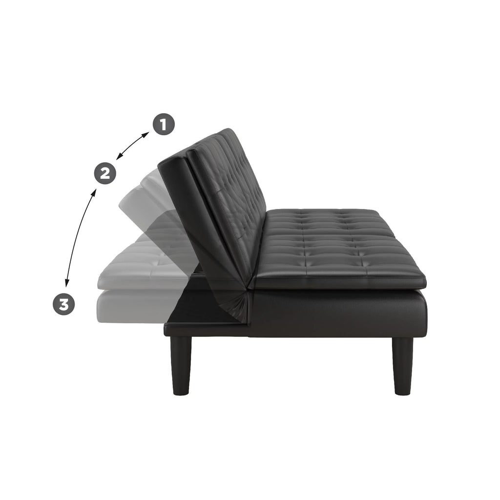 Memory Foam Futon with Cupholder and USB, Black Faux Leather Y2494