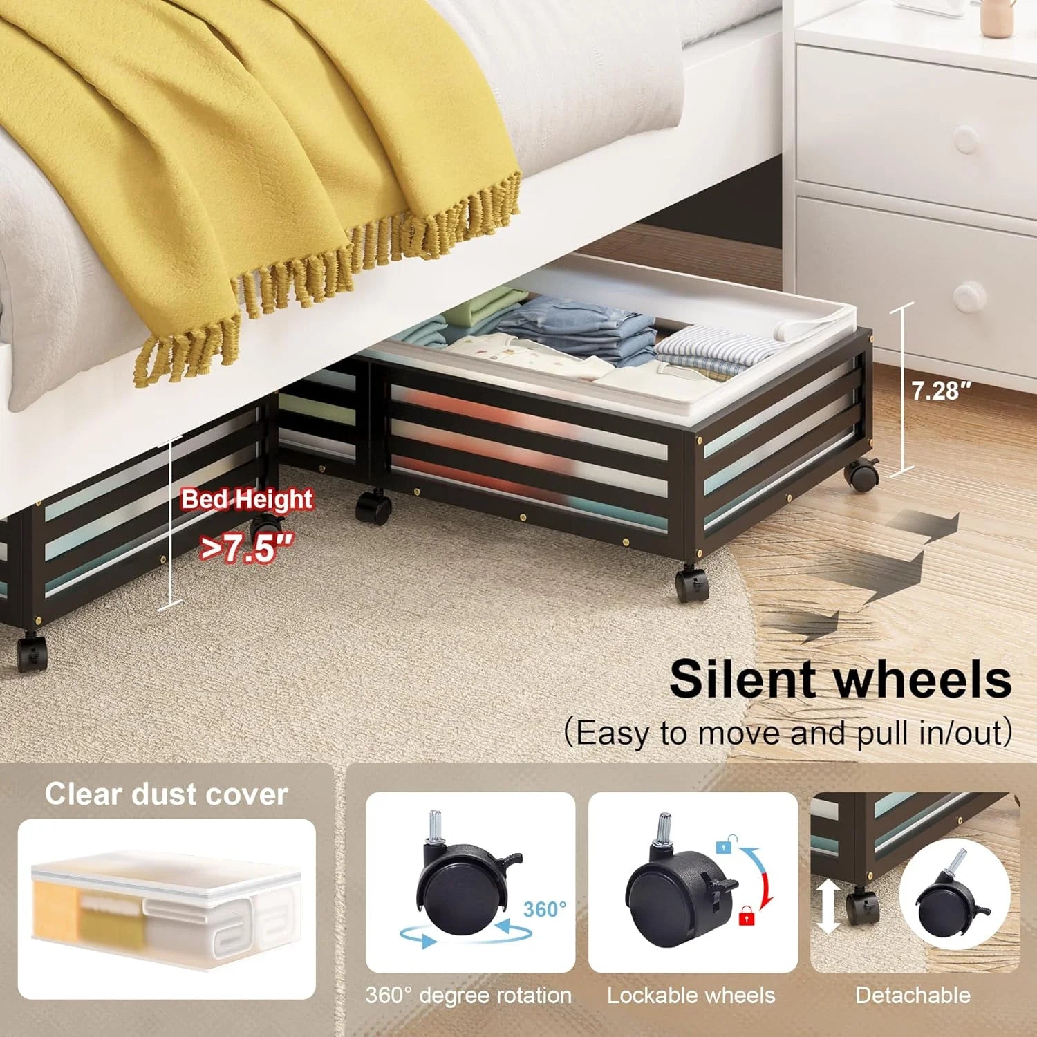Under Bed Storage Containers with Wheels, Bamboo Wood, 2 Pack O88203