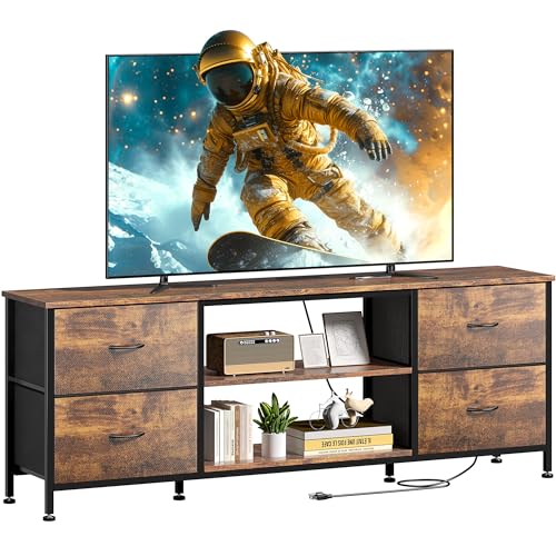 TV Stand with 4 Fabric Drawers and Open Shelves for 50" TV, Black Wood Veins I88170