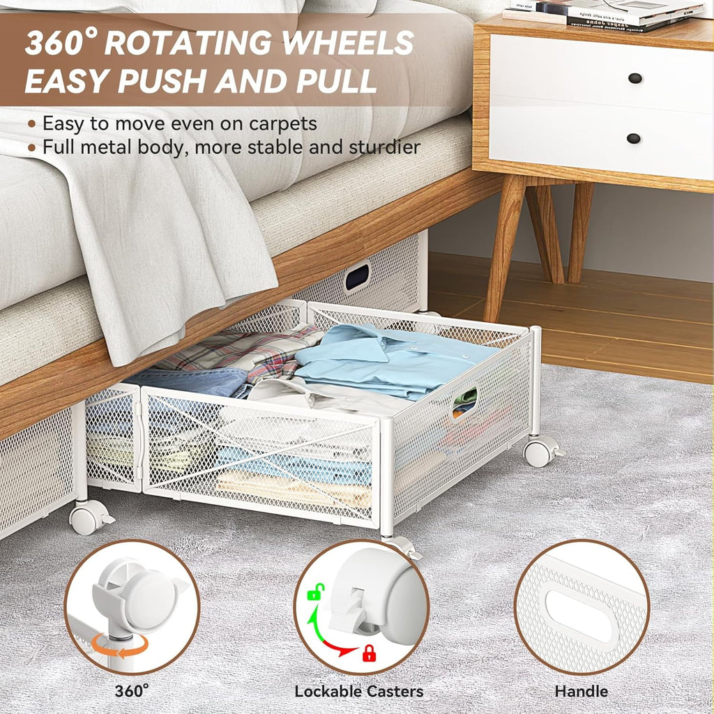 Under Bed Storage Containers with Wheels, Shoe Organizer Drawer, Metal Storage for Clothes Shoes Blankets T8760
