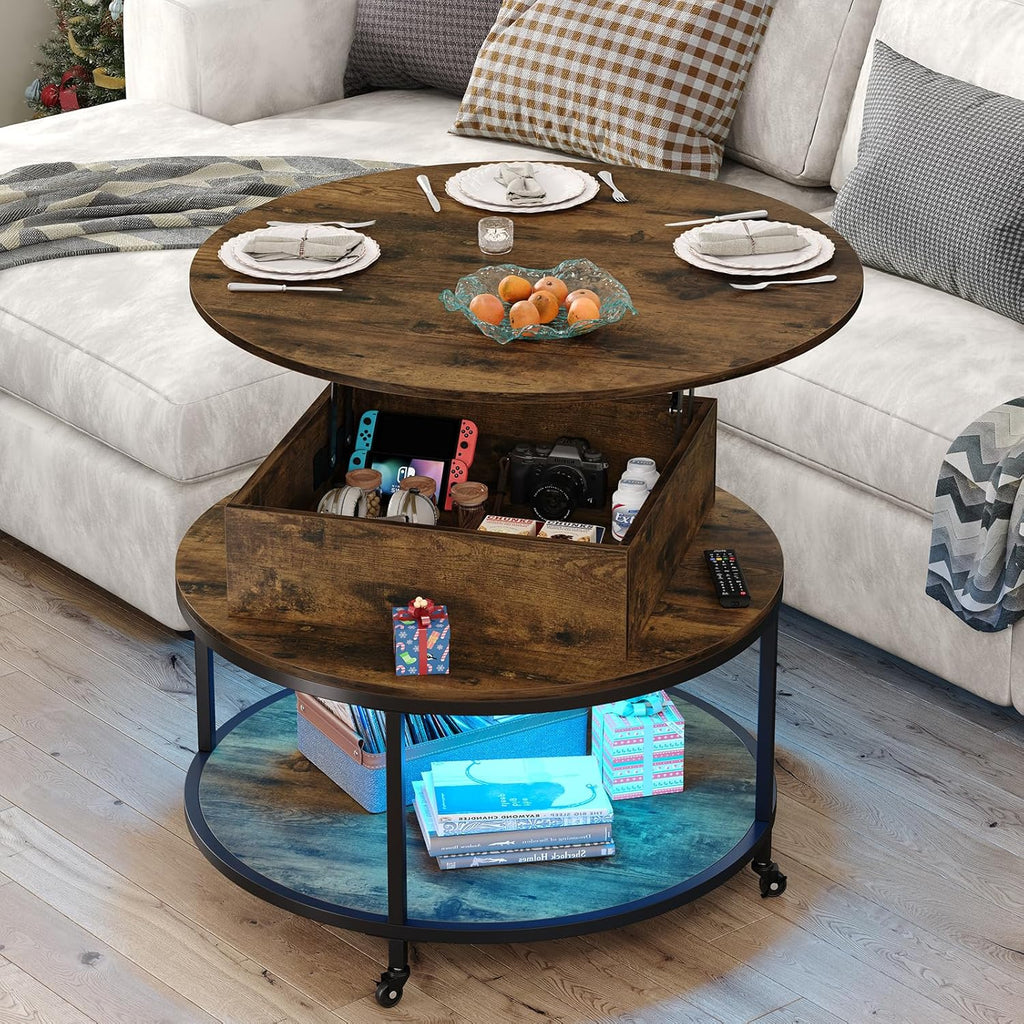 Round Lift Top Coffee Table with 2-Tier Storage and Wheels R2701