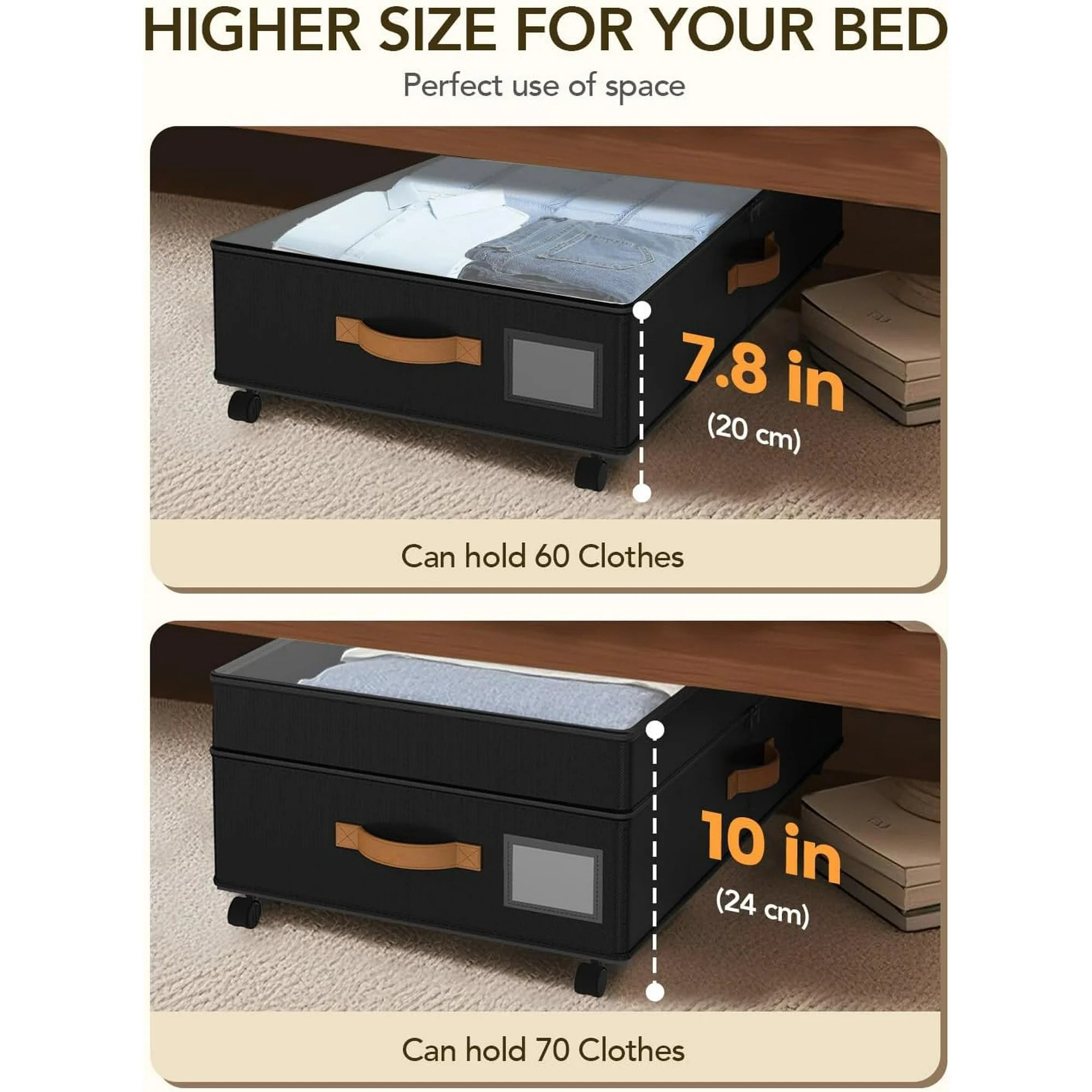 Under Bed Storage with Wheels, Adjustable Height, 10 Inches, Black E7377