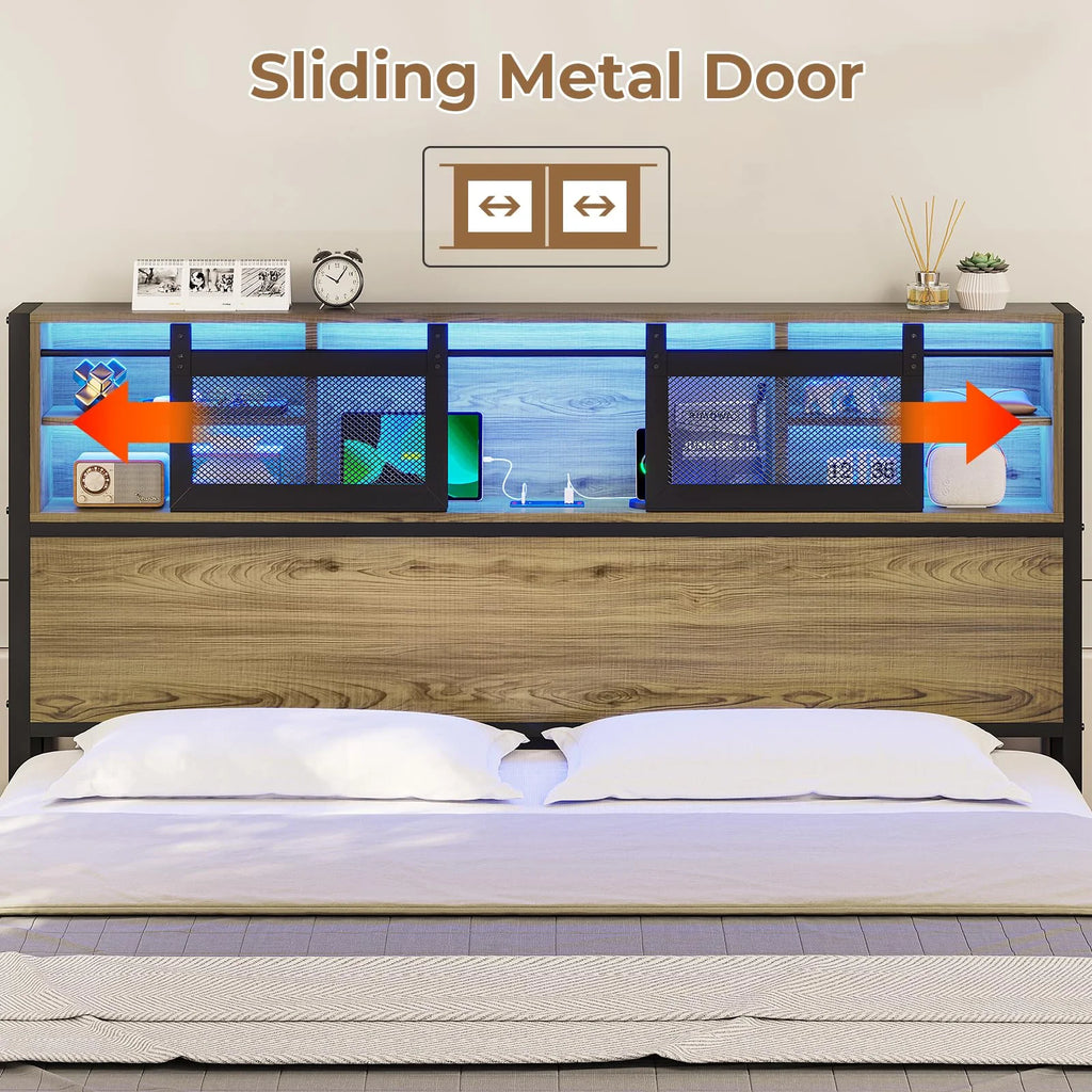 Metal Platform Bed Frame with 4 Storage Drawers and Charging Station, Oak Grey D1347