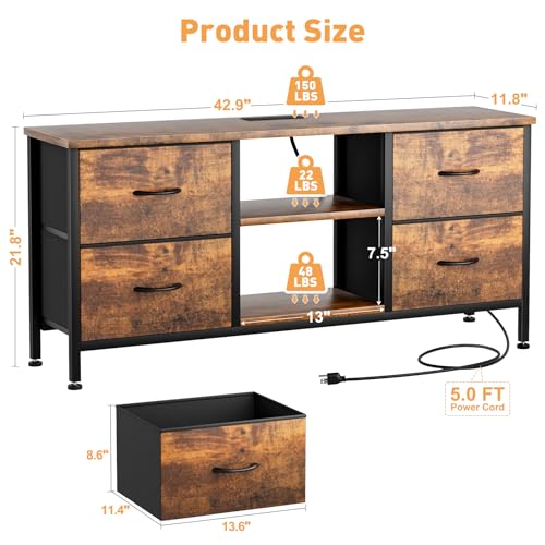 TV Stand with 4 Fabric Drawers and Open Shelves for 50" TV, Black Wood Veins I88170