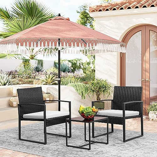 3 Piece Patio Set with Wicker Rattan Table and Chairs, White P349