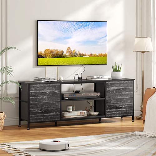 TV Stand with 4 Fabric Drawers and Open Shelves for 50" TV, Black Wood Veins I88170