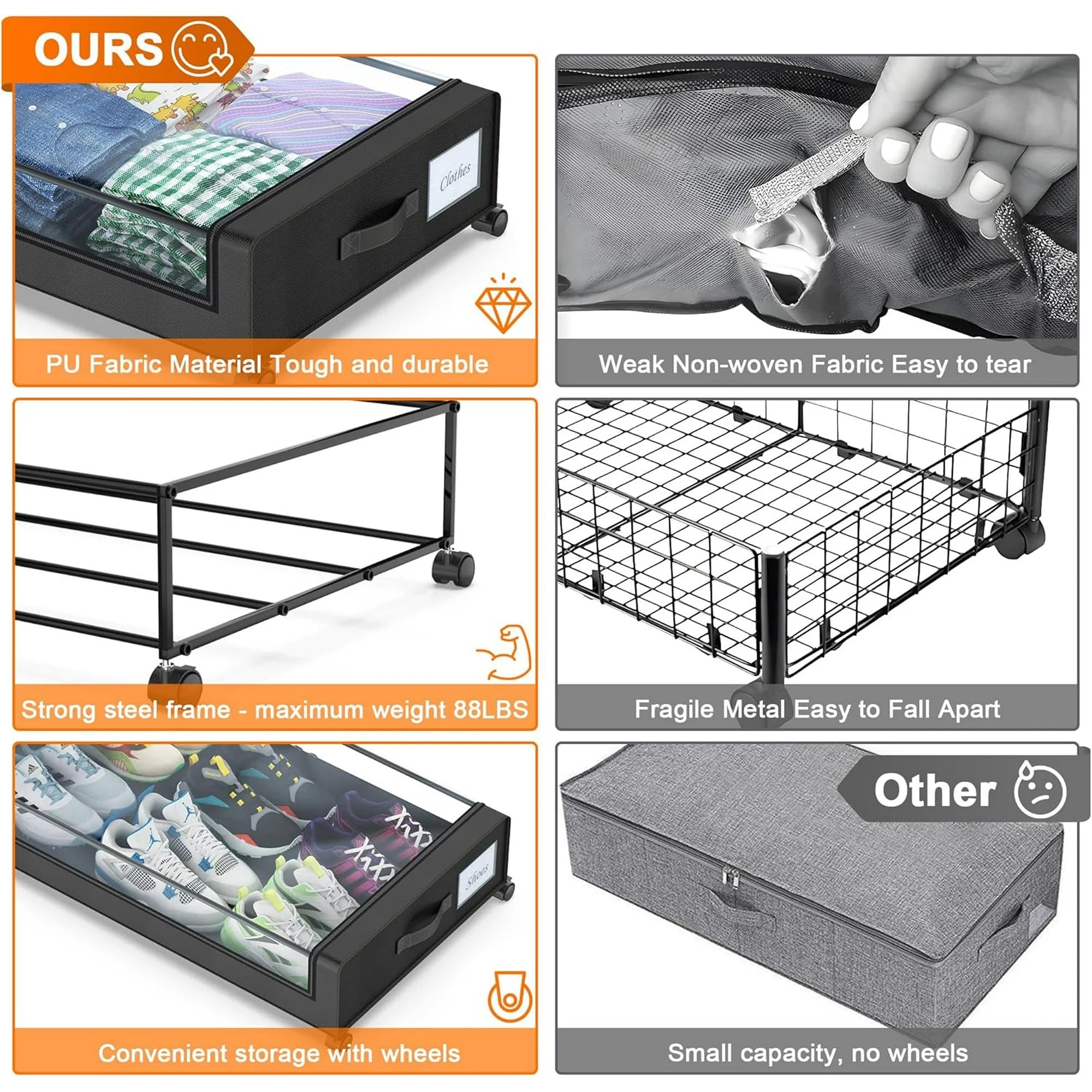 Under Bed Storage Containers with Wheels and Clear Lids, 60L, Gray E520558