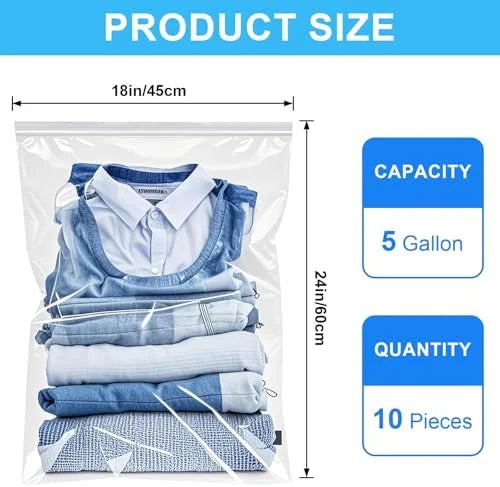 5 Gallon Plastic Storage Bags (10 Pack) - Resealable Clear Zipper Bags for Clothes, Travel & Moving F1452