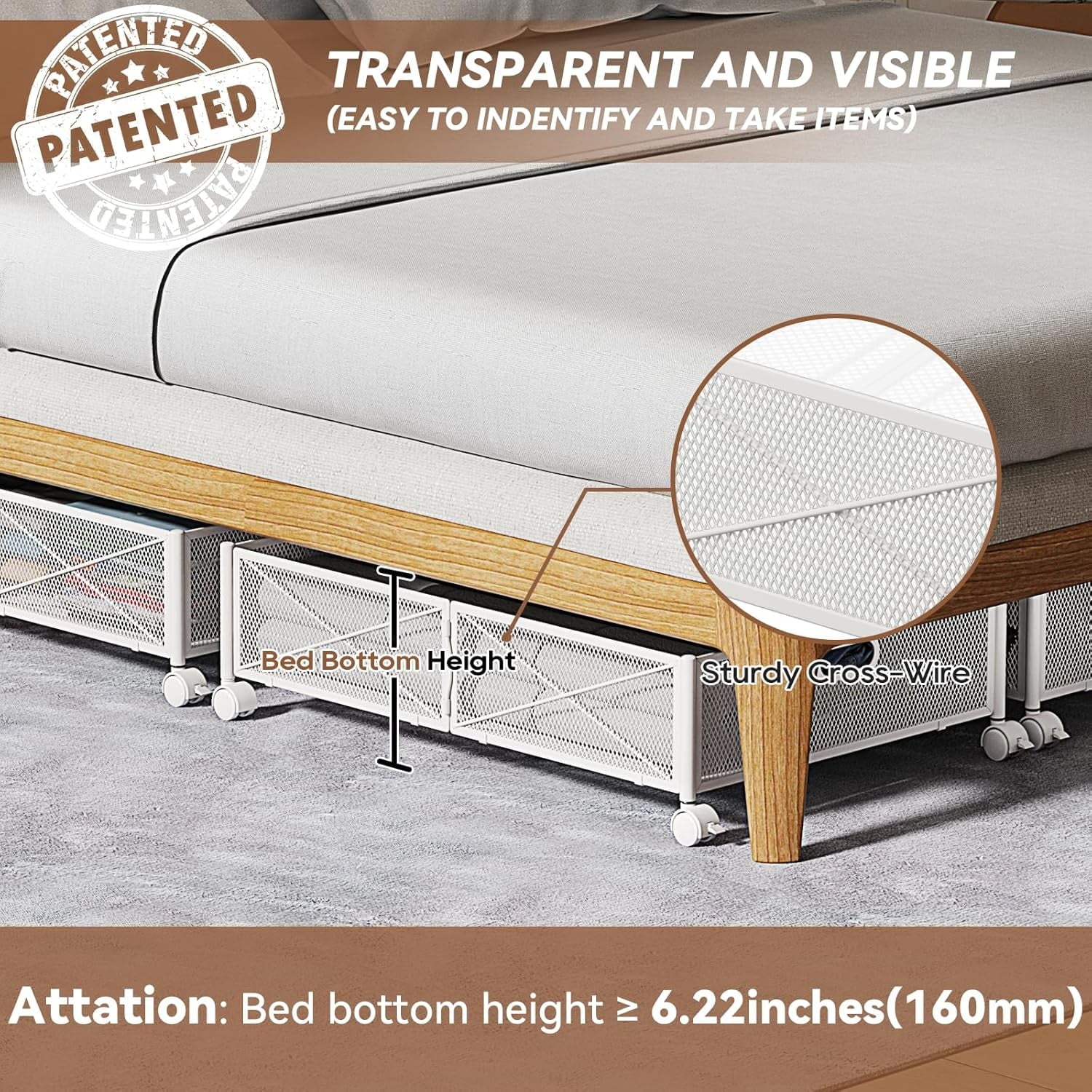 Under Bed Storage Containers with Wheels, Shoe Organizer Drawer, Metal Storage for Clothes Shoes Blankets T8760