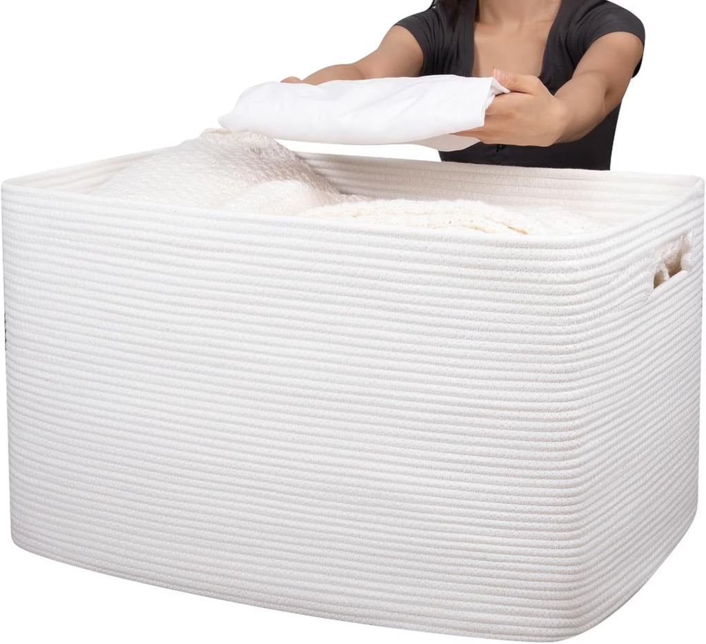 118L XXXLarge Cotton Rope Storage Basket, Oversized Blanket Basket, Used for Organizing Dirty Clothes in Living Room, Bedroom, Nursery, Dog Toy Storage Bins, 25" x 17" x 16",White