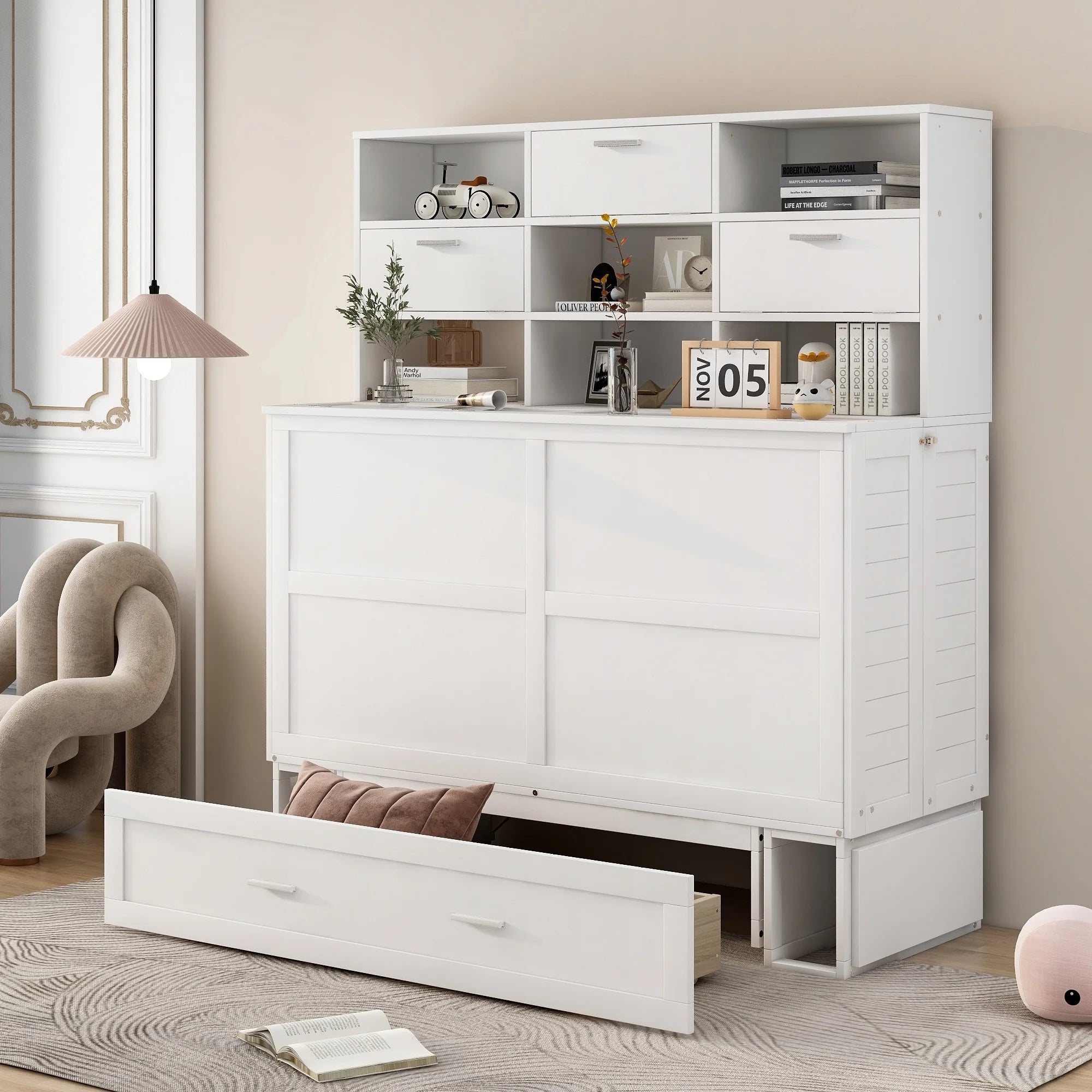 Queen Size Murphy Bed with Bookcase and Drawer, White P7712