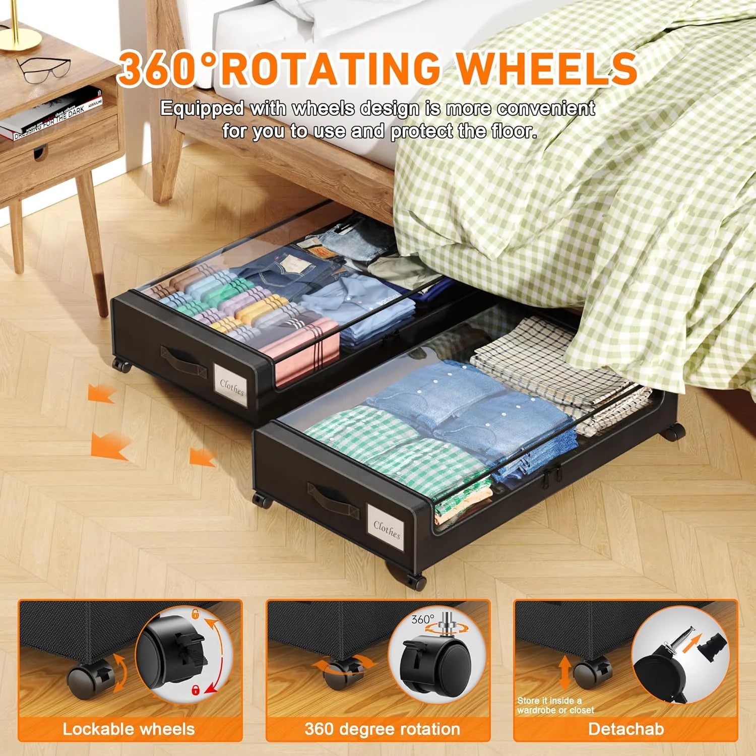 Under Bed Storage Containers with Wheels and Clear Lids, 60L, Gray E520558