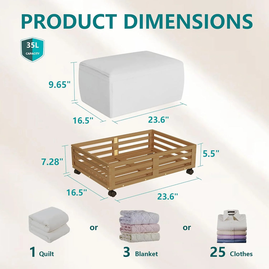 Bamboo Under Bed Storage Containers with Wheels and Dust Bag T7066
