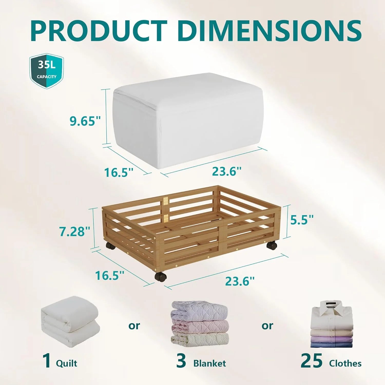 Bamboo Under Bed Storage Containers with Wheels and Dust Bag T7066