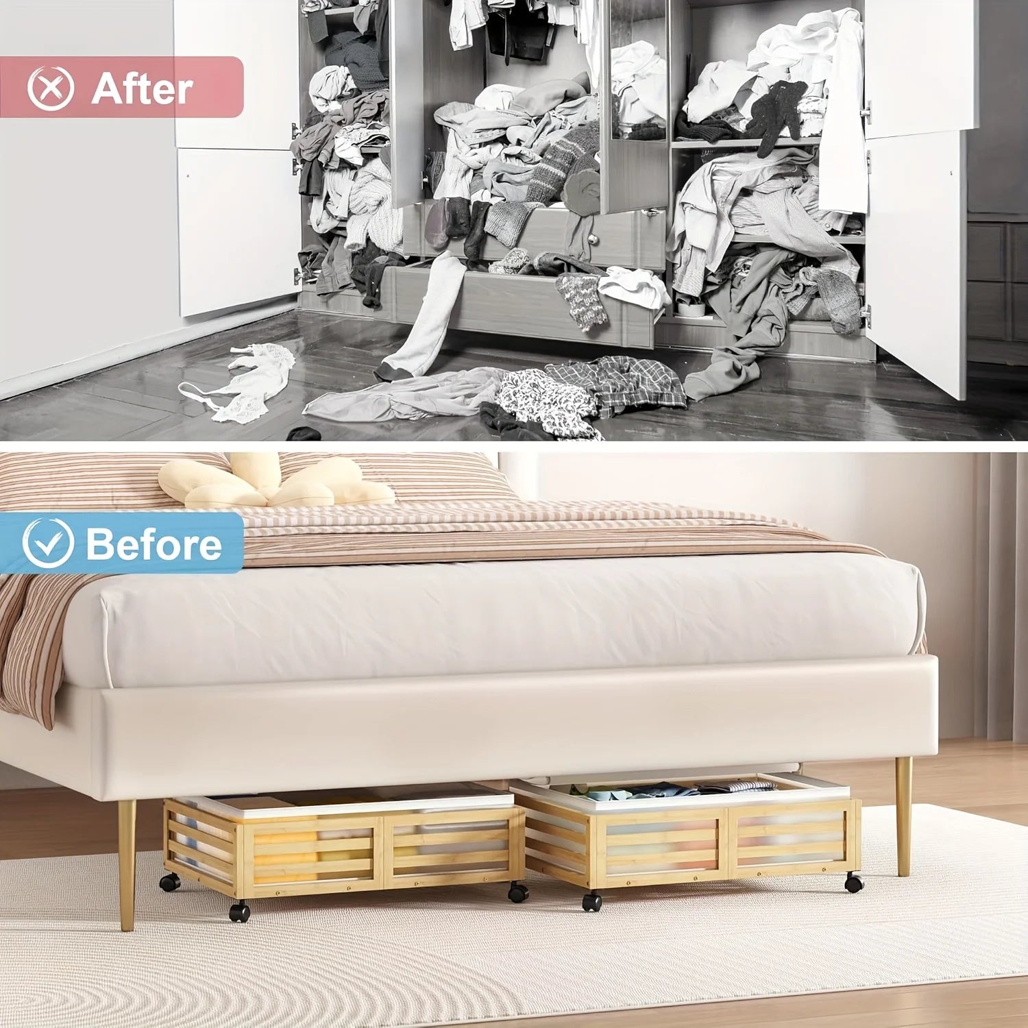 Bamboo Under-Bed Storage Bins with Wheels, 2-Pack E3624
