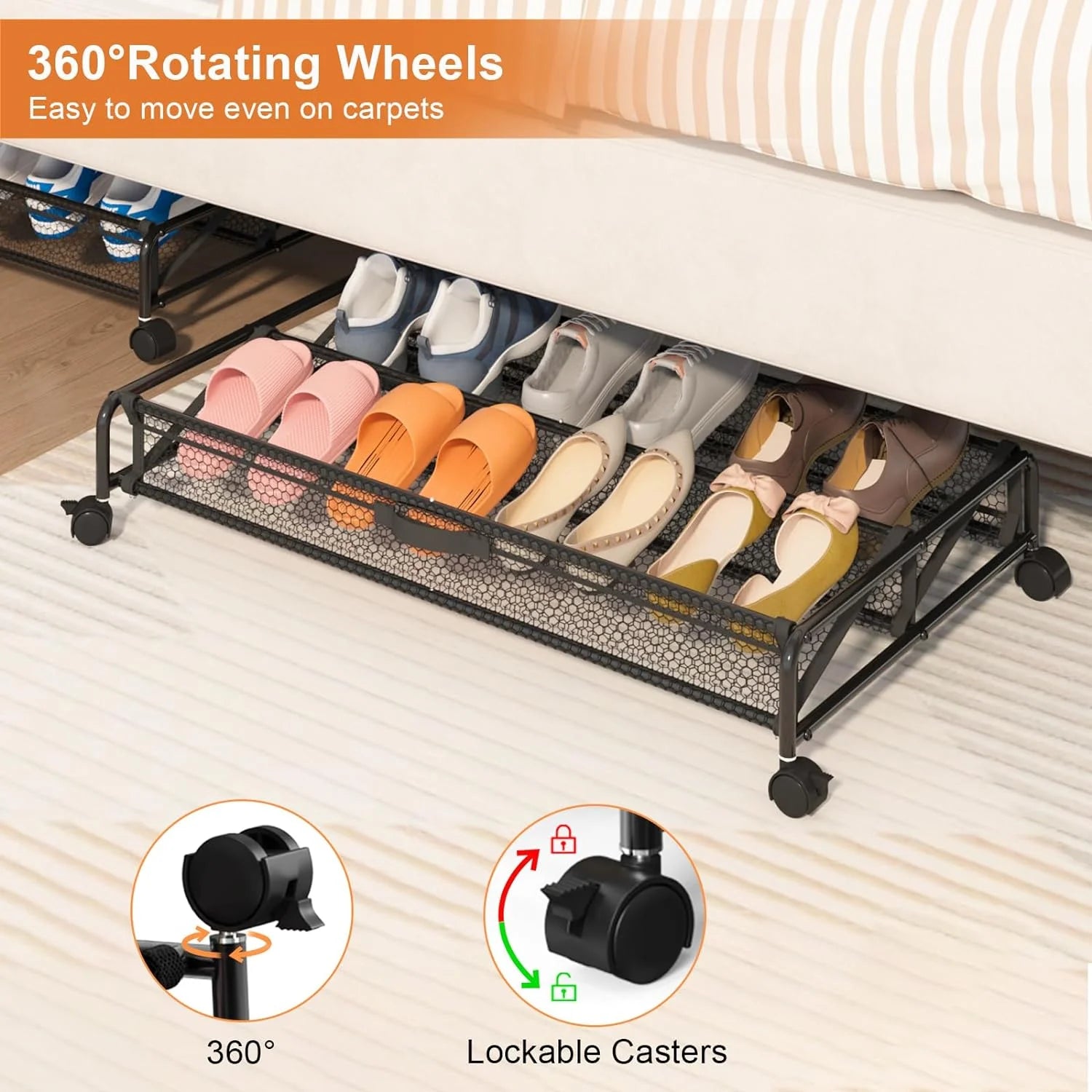 Under Bed Shoes Storage Containers with Wheels, Breathable Mesh R808214