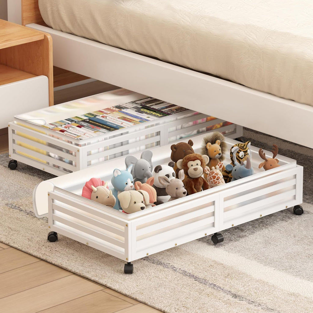 Under Bed Storage Containers with Wheels, Bamboo Wood Rolling Bins with Dust Bags I742087